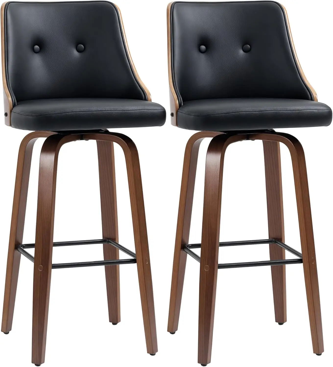 

Bar Height Bar Stools, PU Leather Swivel Barstools with Footrest and Tufted Back, Set of 2, Black