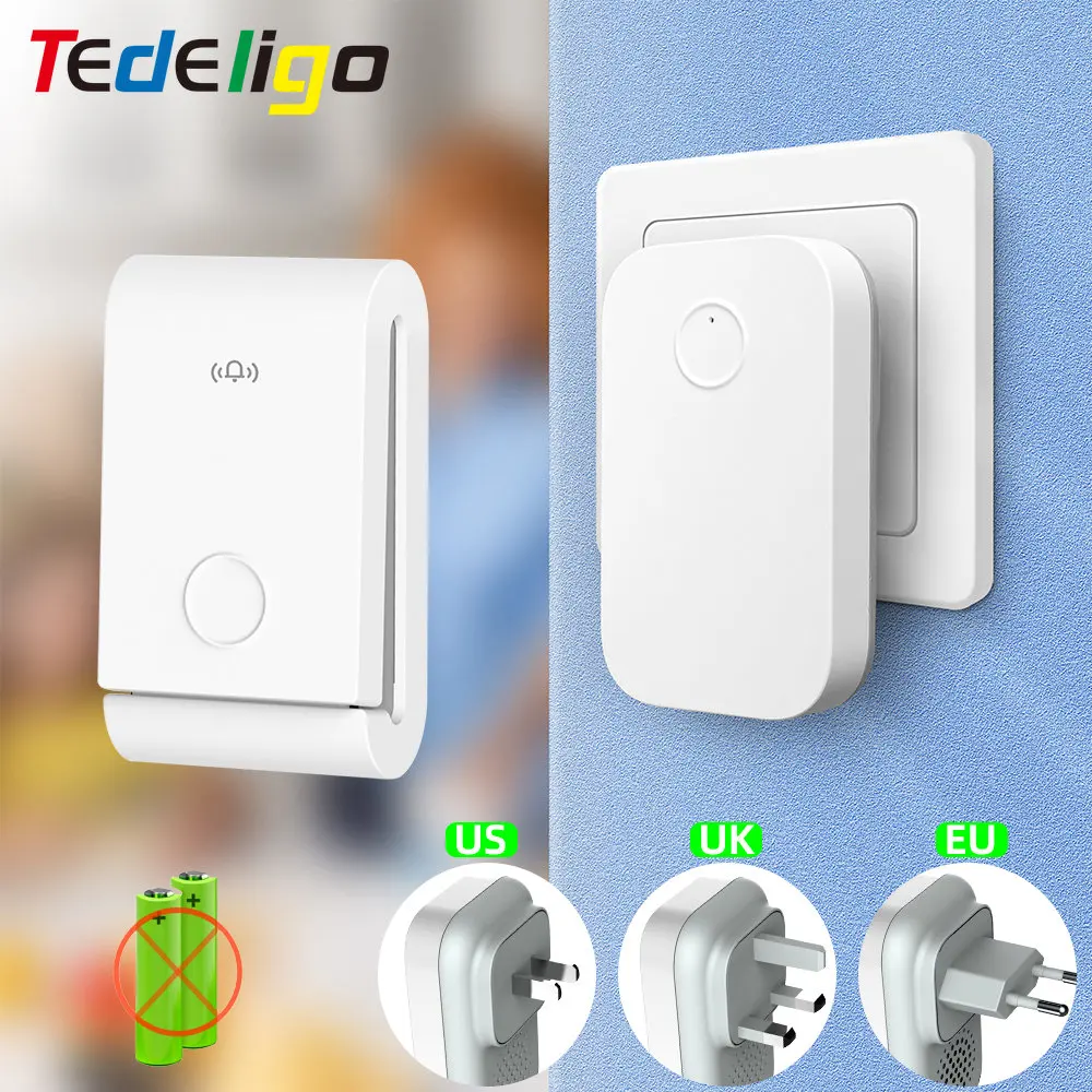 Tedeligo UK US EU Plug Doorbell Set Wireless Self-powered Transmitter No Battery Required Ring Bell Outdoor Receiver 110V 220V