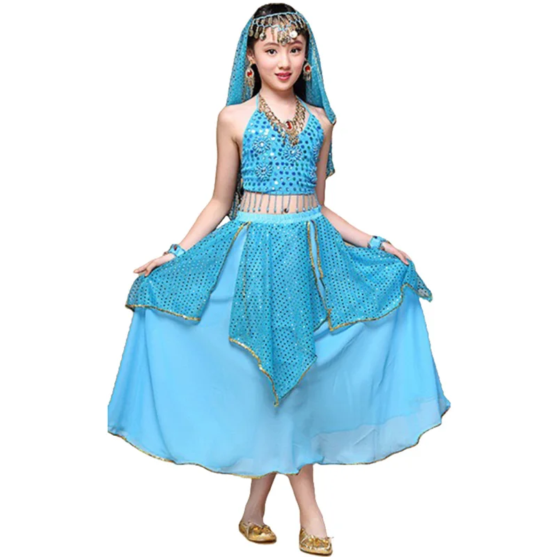 Crianças trajes de dança do ventre para crianças meninas saia de dança do ventre vestido de dança de bollywood desempenho competição conjunto pano indiano