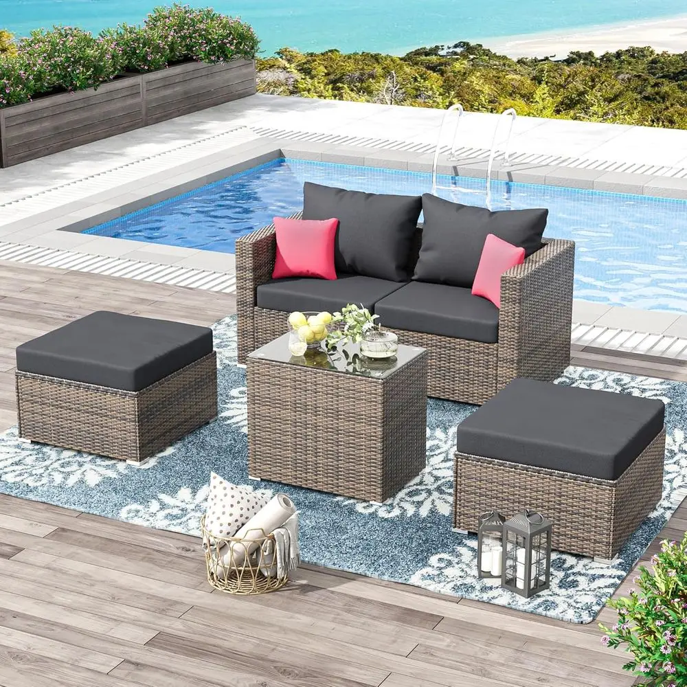 

5-Piece All-Weather Wicker Outdoor Sectional Set with Ottoman, Cushions, and Pillows for Patio, Lawn, or Poolside