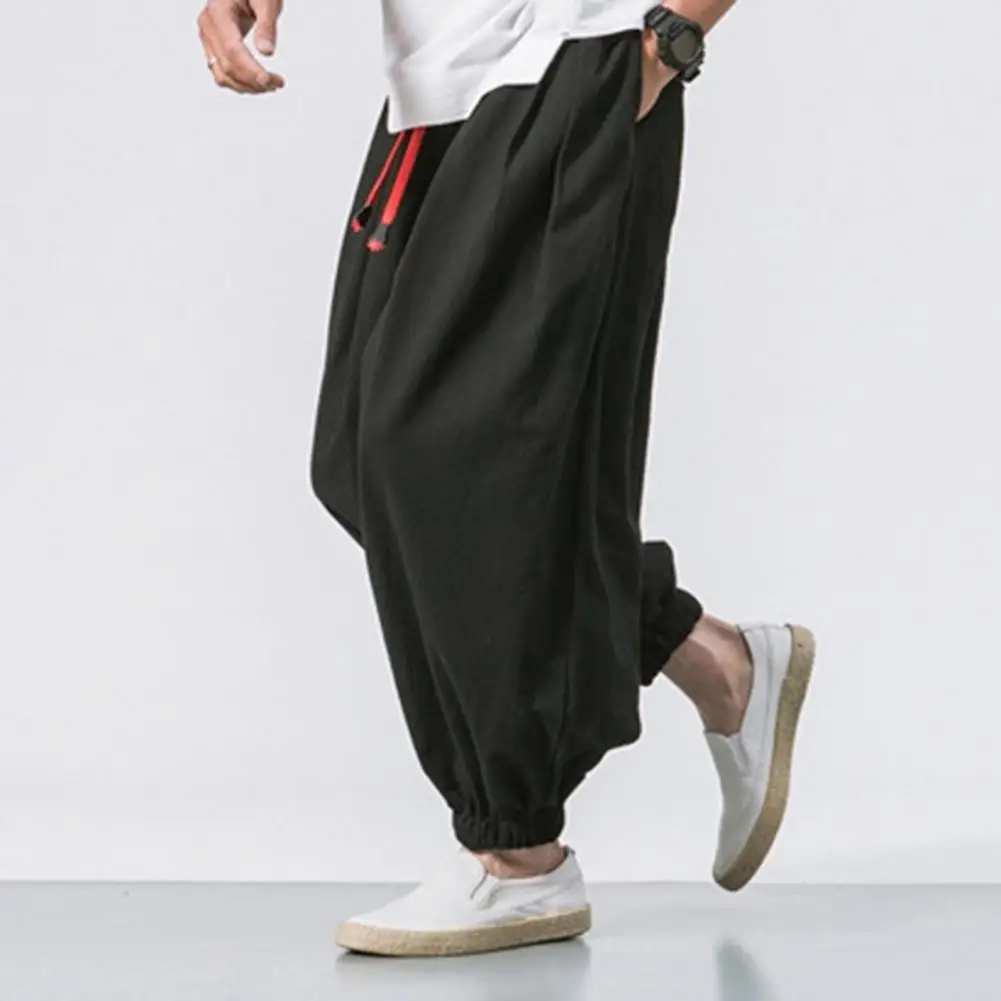 

Men Pocketed Harem Pants Men's Baggy Deep Crotch Harem Trousers with Drawstring Elastic Waist Pockets Comfortable Stylish Casual