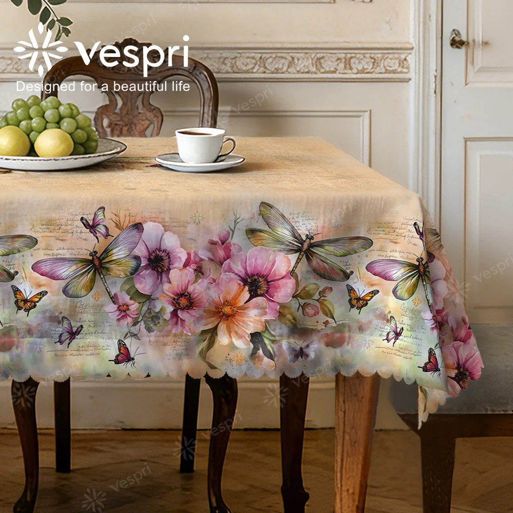 Vespri Spring Tablecloth Floral Butterfly Print Easter Table Cover Light Brown Beige Polyester for Round Rectangle Oval Table