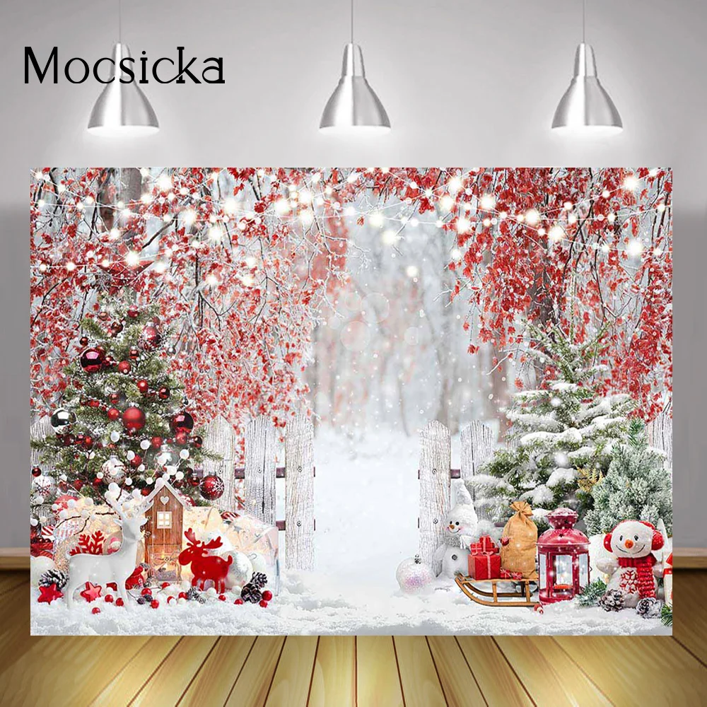 Snow Scene Kids Cake Smash Backgrounds Winter Forest Christmas Portrait Backdrop Snowman Elk Sled Toys Red Merry Xmas Supplies