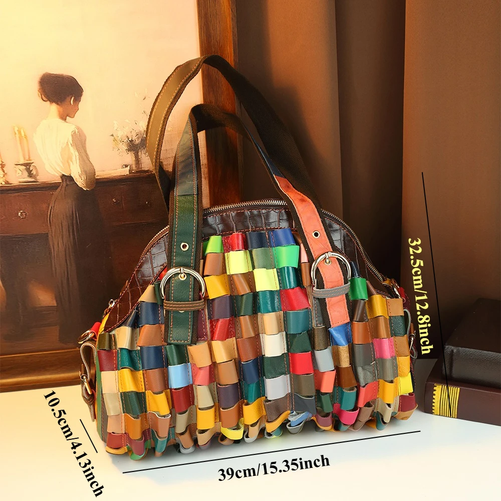 Boho Colorful Rainbow Woven Shoulder Bag, Vintage Multi-color Patchwork Dome Satchel, Crocodile Pattern Trim Handbag Purse
