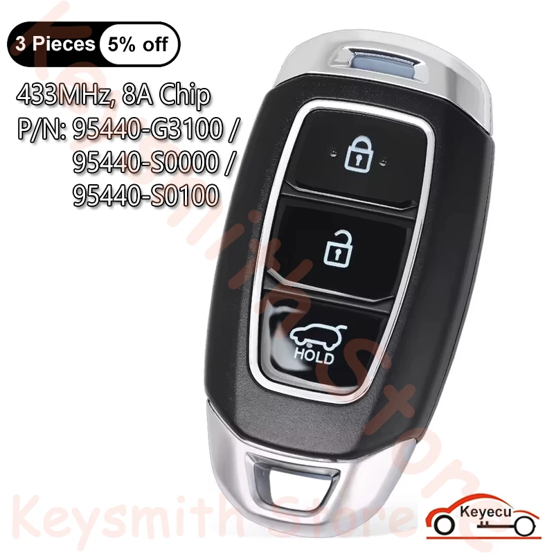 

KEYECU 3 Buttons 433MHz 8A Chip for Hyundai I30 / I30 N 2017-2023 Auto Smart Remote Key Fob 95440-G3100 95440-S0000 95440-S0100