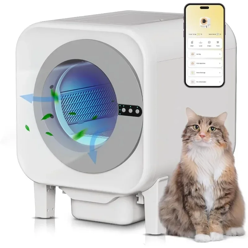 App Control Smart Cat Toilet for Multiple Large Cats with Automatic Cat Litter Box Self Cleaning Large Space Cat Bedpans