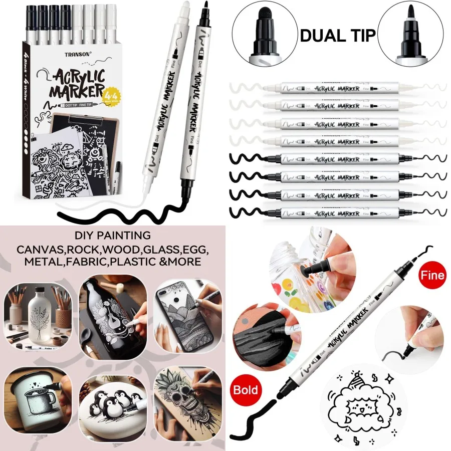 

TRANSON 4 черных и 4 белых маркера для жирной и тонкой акриловой краски с двойным наконечником, набор маркеров для наскальной живописи, стекла, холста, дерева L