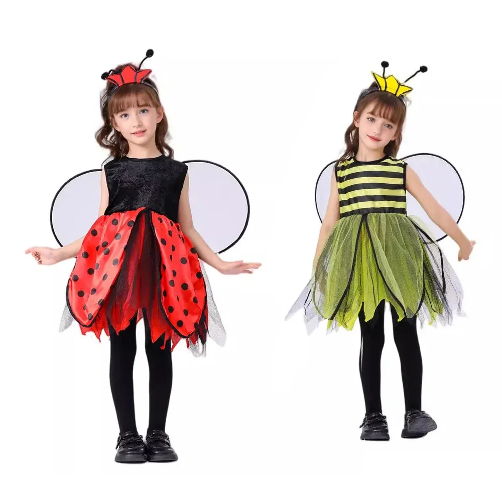 

Halloween Girl Ladybug Cosplay Costume Children's Art Performance Costume Bee Seven Star Ladybug Costume Headwear Wing Skirt