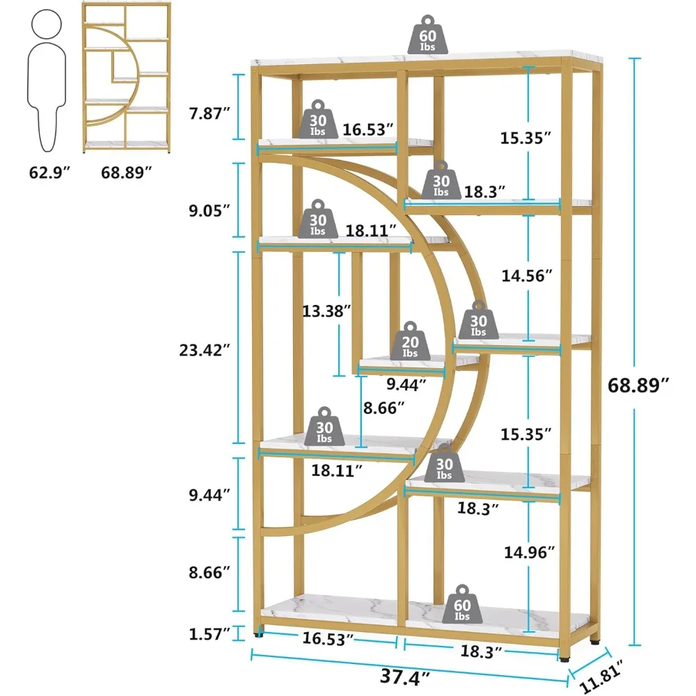 Industrial 5 Tier Etagere Bookcase, Freestanding Tall Bookshelves Display Shelf Storage Organizer with 9-Open Storage Shelf