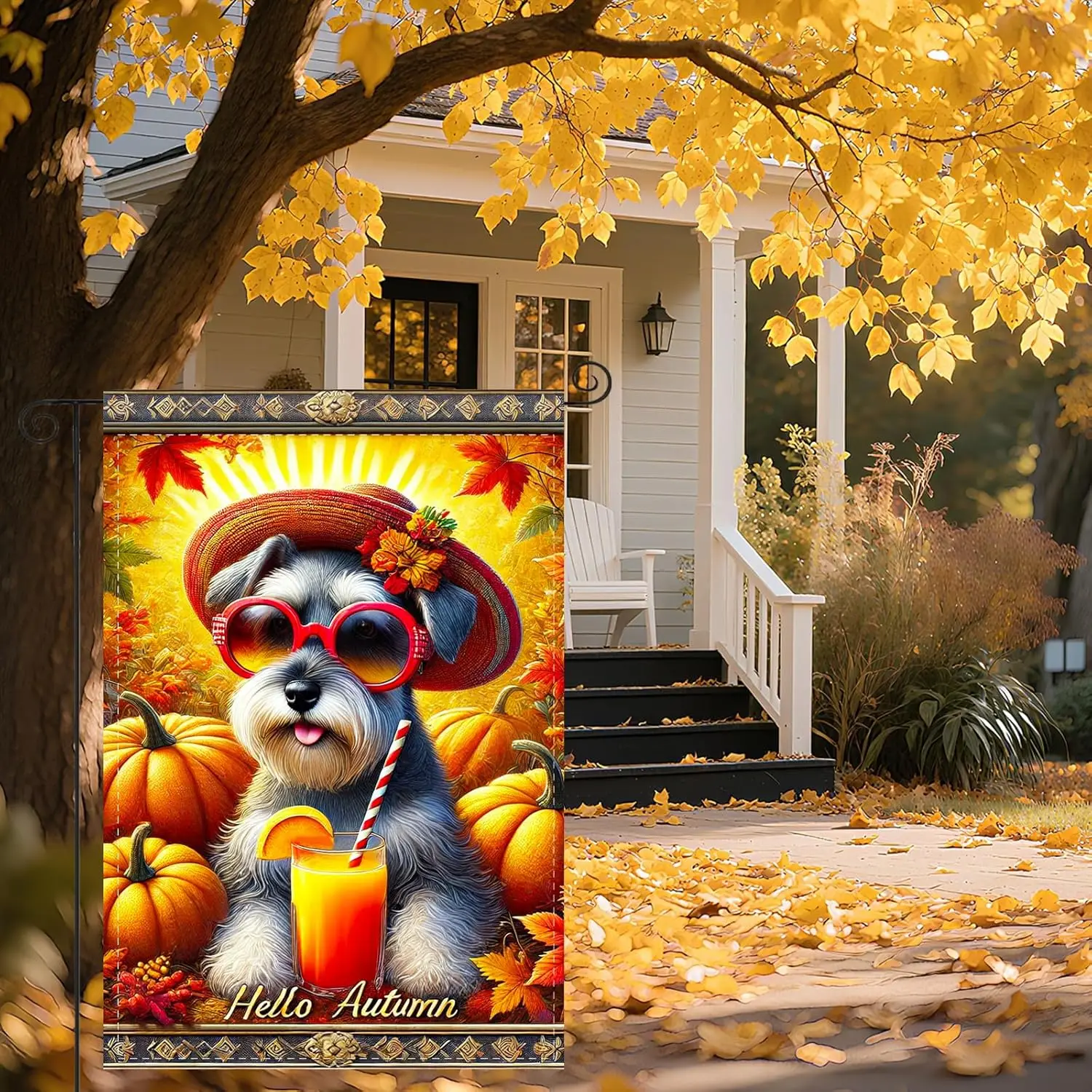 Nuxovilar Thanksgiving Garden Flag Fall Garden Flag 12x18IN Schnauzer Autumn Drink Yard Porch House Double - Side For Home O uui