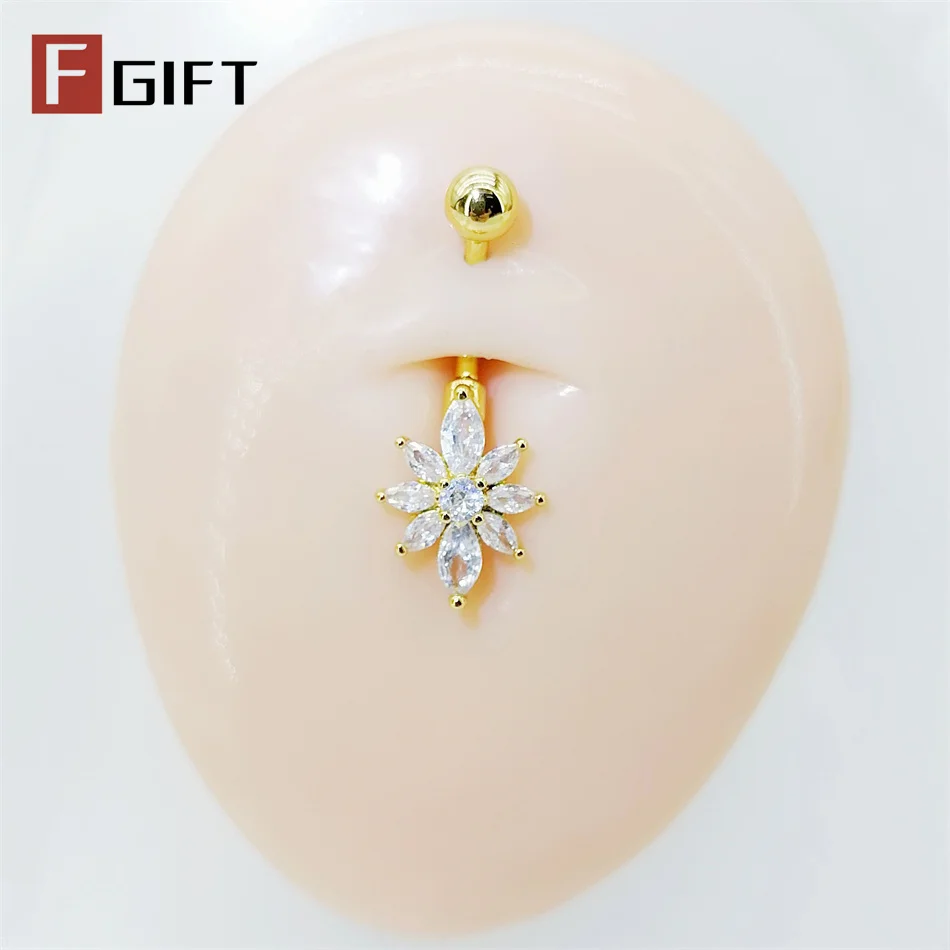 Anillo de Ombligo Color Oro y Plata, Barra de Titanio 14G, Colgante de Flor con Circonita, Piercing Quirúrgico para Ombligo, Joyería de Moda para Mujer