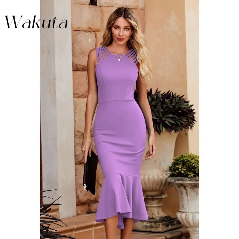 فساتين Wakuta النسائية الأنيقة ميدي Bodycon بدون أكمام بدون ظهر بحاشية مكشكشة حورية البحر كوكتيل رسمي لحفلات الزفاف رداء الضيوف دبي لوكس