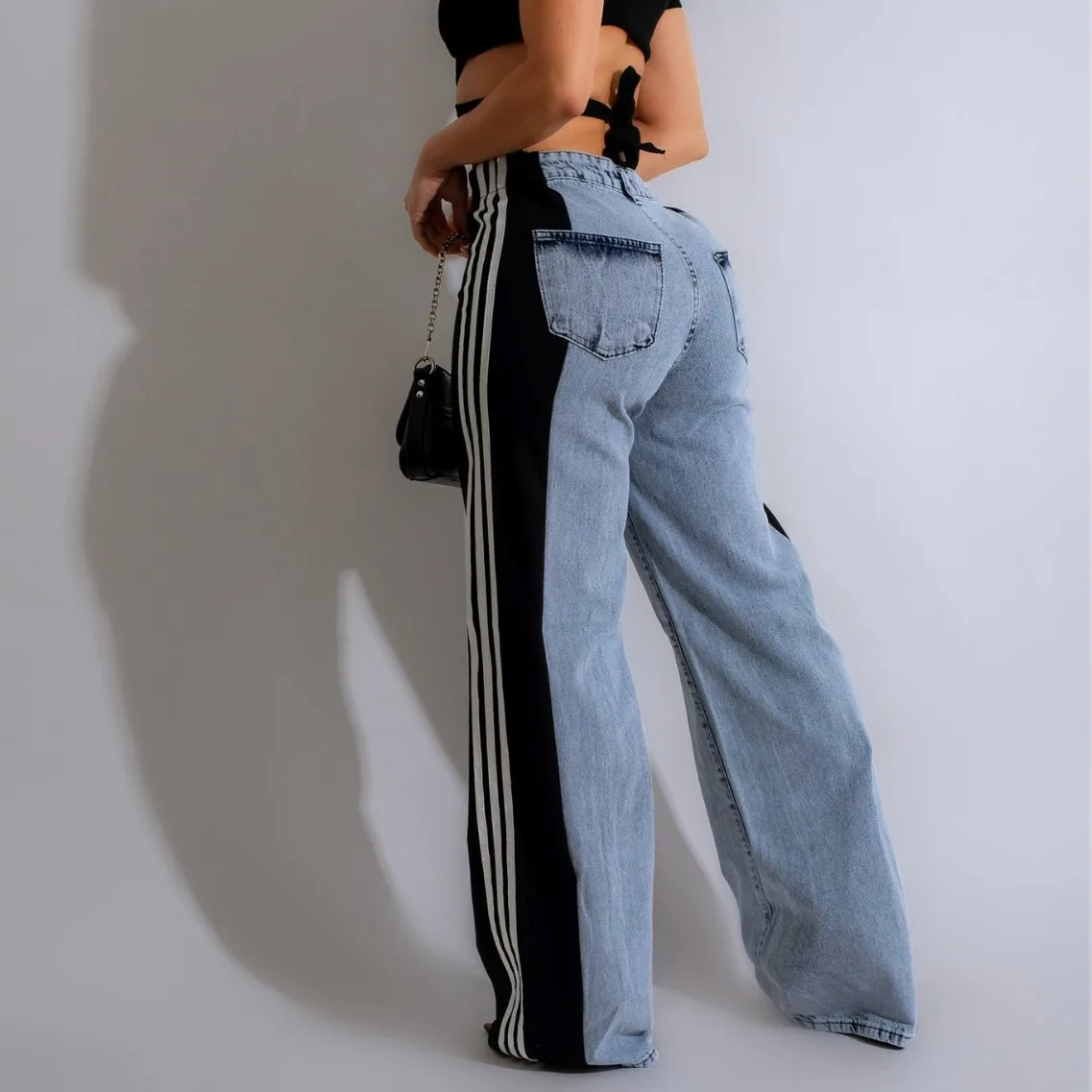 Fashion splicing three-striped wide-leg denim trousers women's new casual high-waisted elastic straight pants