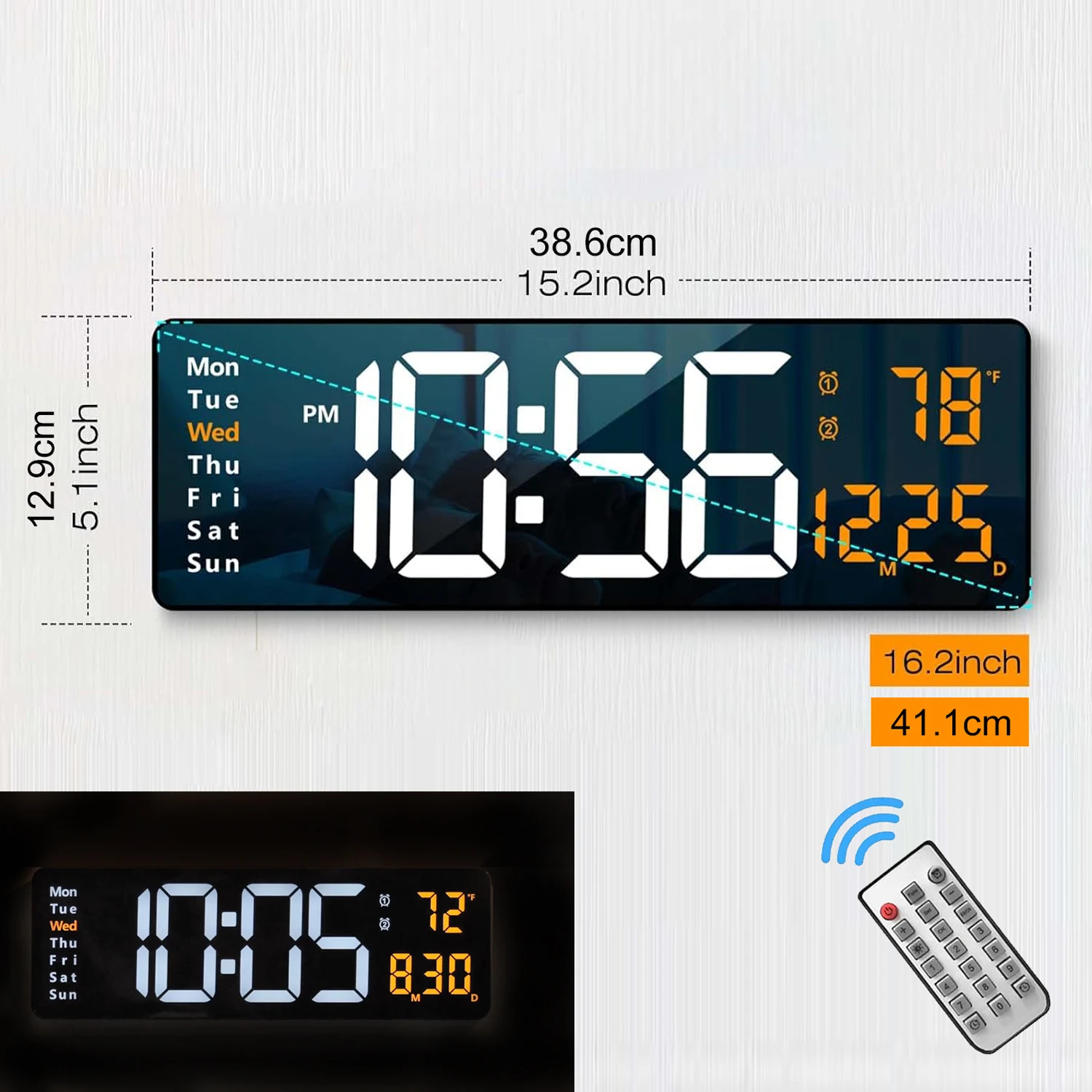 16.2'' Large Digital Wall Clock with Remote Control Big LED/Dual