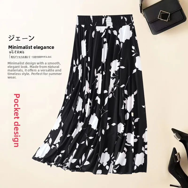 Ice Silk High Waist Pleated Midi Skirt Anti Wrinkle No Ironing Floral Print Versatile Style Summer Season Fashionable Skirt