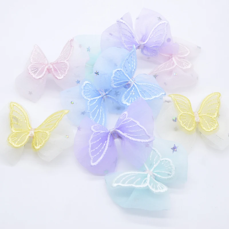 10Pcs 60*50mm Double Butterfly with Mesh Bow Tie Appliques for DIY Clothes Hat Sewing Patches Headwear Hair Clips Accessories