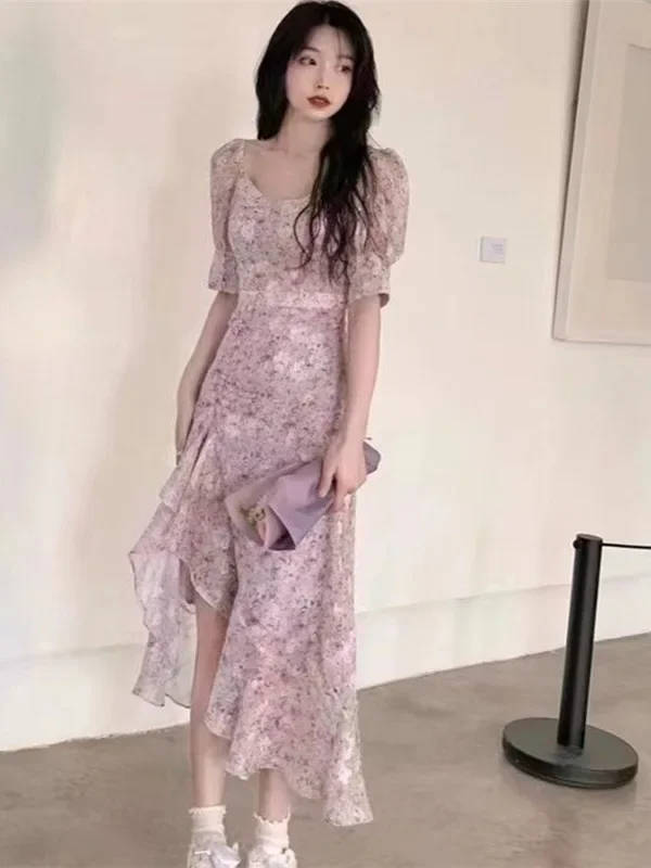 Gentle Style Small Floral Dress 2025 New Spring Women's Clothing French Style Waist Cinched Bubble Short Sleeved Dress