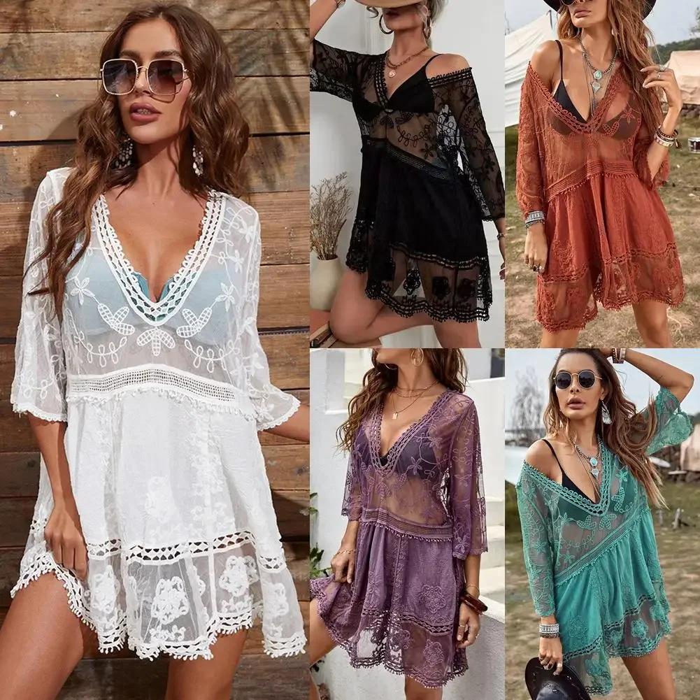 Conjunto de traje de baño Sexy de malla para mujer, traje de baño con cuello en V profundo, Vestido de manga corta para playa, ropa calada de encaje