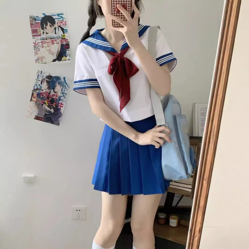 Japanese Sailor Uniform JK Uniform Short-sleeved Flower Cyanine Color Seagull Line Basic Sailor Uniform Fashion School Uniforms