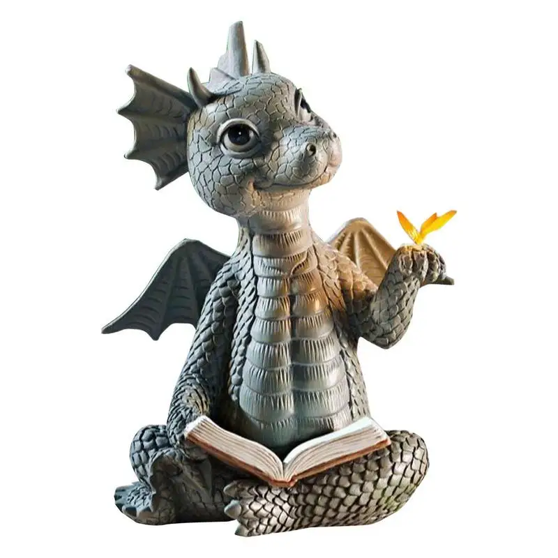 Little Dragon Dinosaur Meditation Reading Book Sculpture Figure Garden Home Decor Resin Ornament