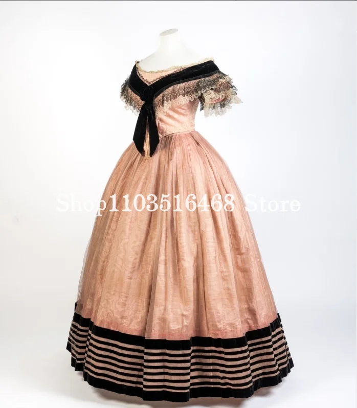 Lotus Root Pink Historical Victorian Evening Dress Strapless Corset Corset Black Stripe Applique Medieval Masquerade Customised