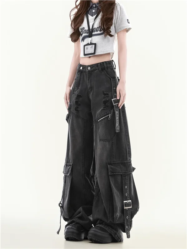 Celana Jeans Kerja Wanita Model American Sle Heavy Du Belted, Celana Kaki Lebar Musim Semi Gugur, Desain Sobek Bergaya Kasual