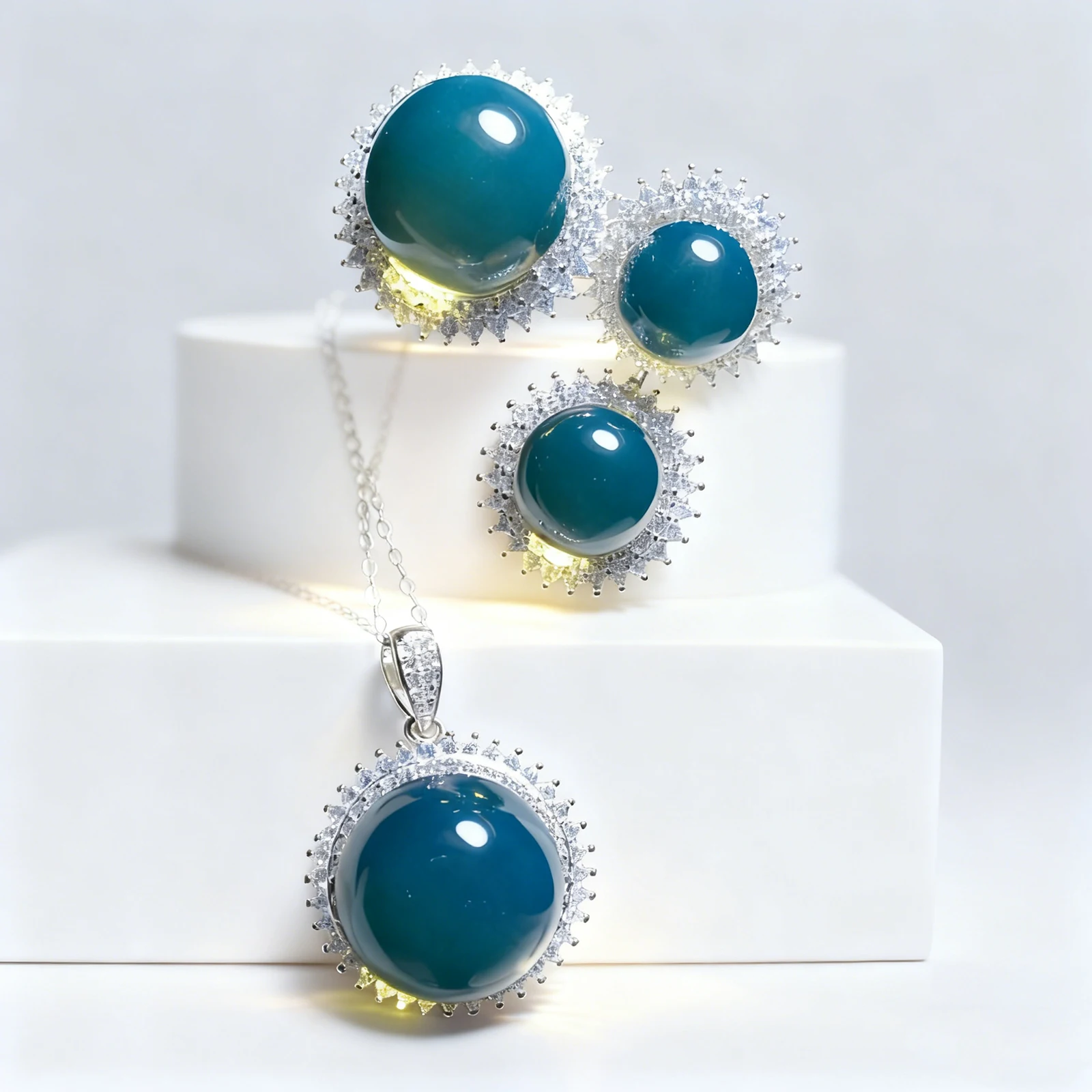 

Natural Mexican Blue Amber Sterling Silver Pendant Necklace Suite Diamond Inlay 15mm 14mm 10mm for Wedding Daily