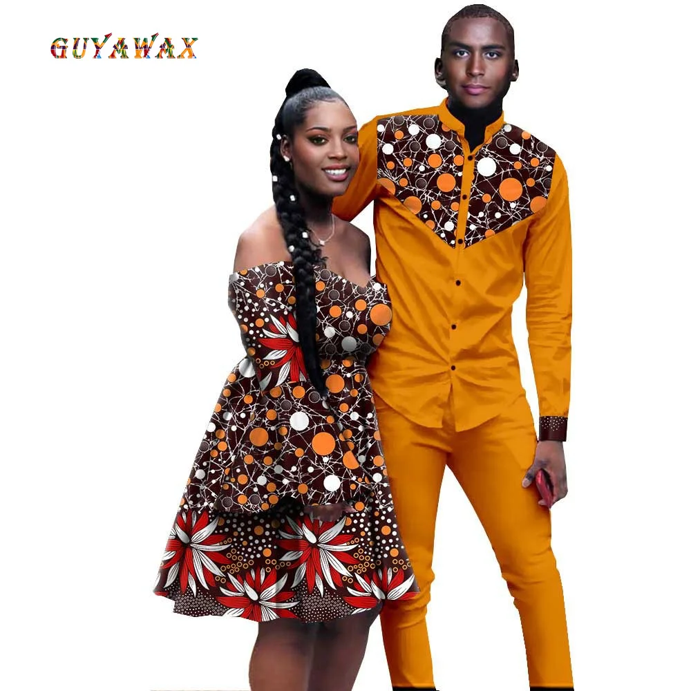 

African Clothes for Couple Dashiki African Women Print Elegant Sexy Dresses Match Men Outfits Bazin Top Shirts and Pants Sets