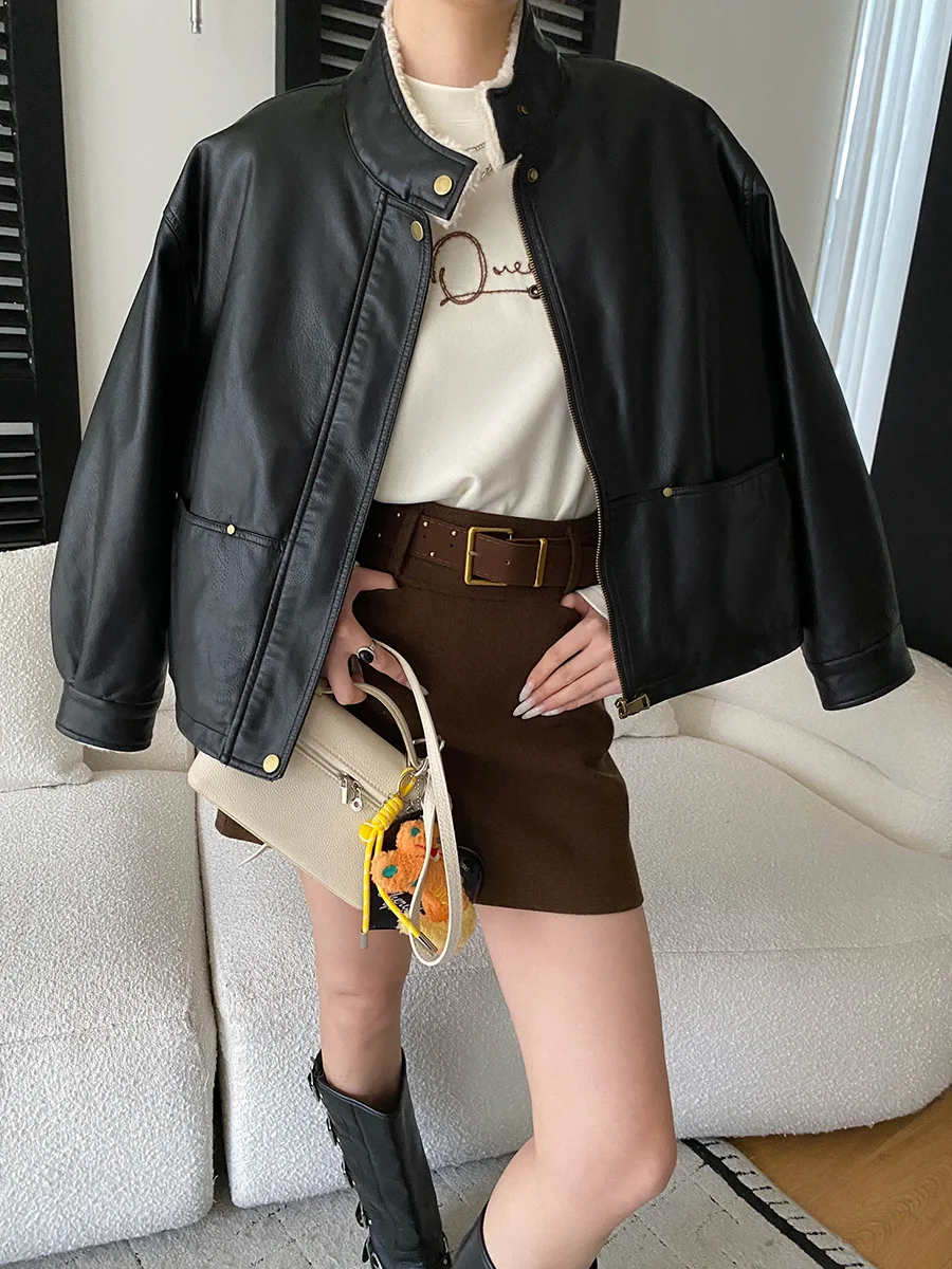 Veste décontractée à col montant pour femme, style moto américaine, avec veste en cuir épais en peluche