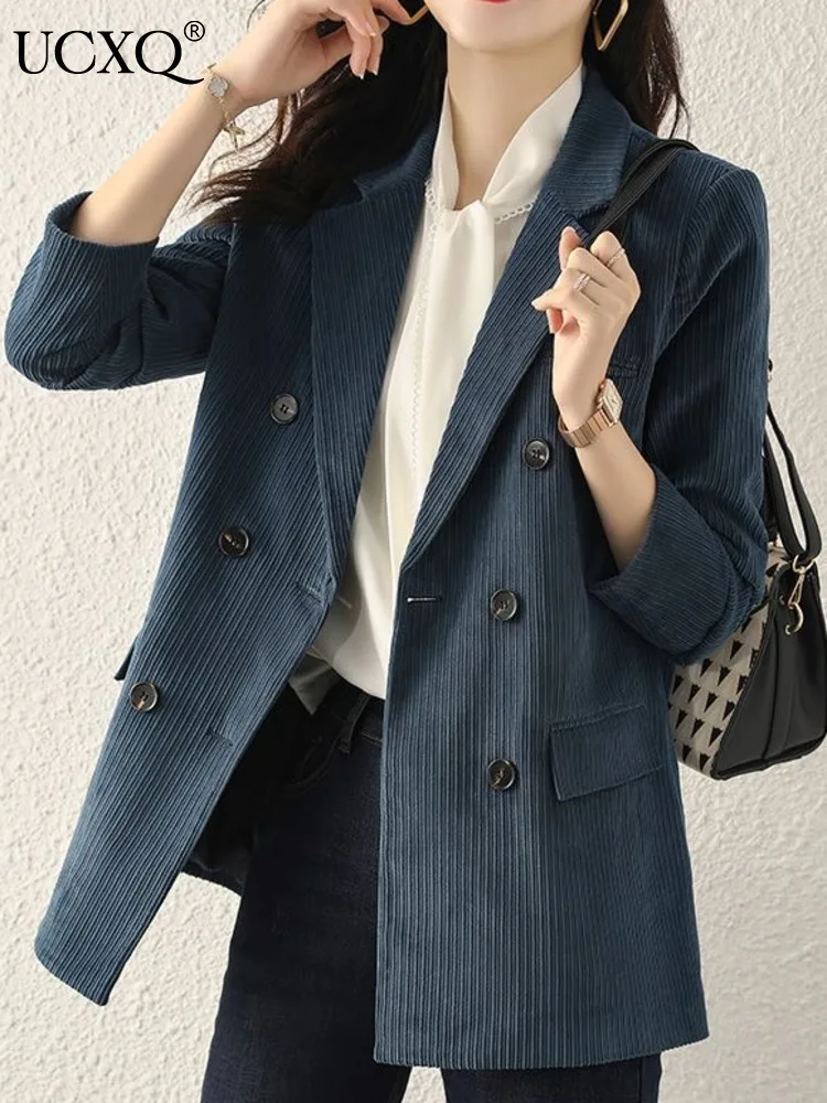 

UCXQ Office Lady Long Sleeve Double Breasted Blazer Coat All-match Solid Casual Women Suit Jacket 2024 Autumn New Tide 16O2705