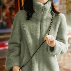 Women Trendy Winter Fleece-lined Thickened Jacket Double-sided Fleece Warm Polo/Turtle Neck Sweatshirt Zip-up Cardigan Top Coat