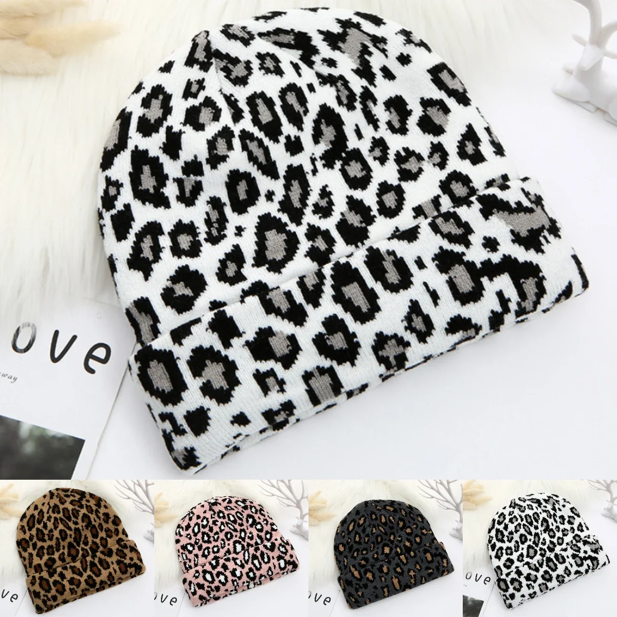 New Unisex Leopard Jacquard Beanies Y2K Trendy Autumn Winter Thicken Warm Hat Hip Hop Vintage Skullies Knit Hats for Women Men