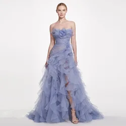 Blue Ruffled Organza Party Dresses Long Strapless Prom Gowns 2023 Newest High Slit Tulle Women Formal Dress فساتين مناسبة رسمية