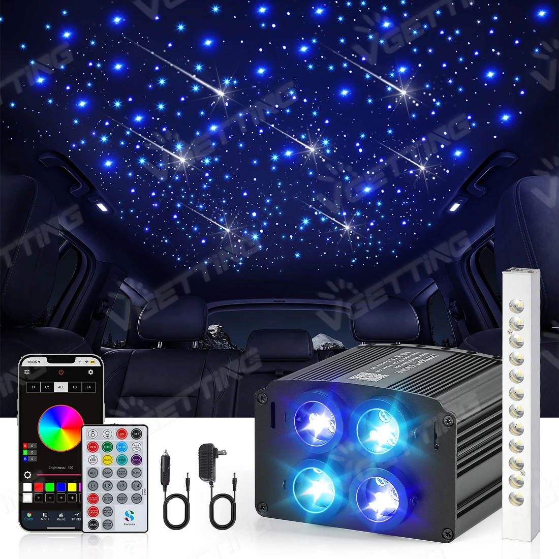 New 4/Single Port Twinkle Starry Sky Light RGBW Meteor Car Roof LED Atmosphere Lamp  APP Music Remote Control 16/32W Universal