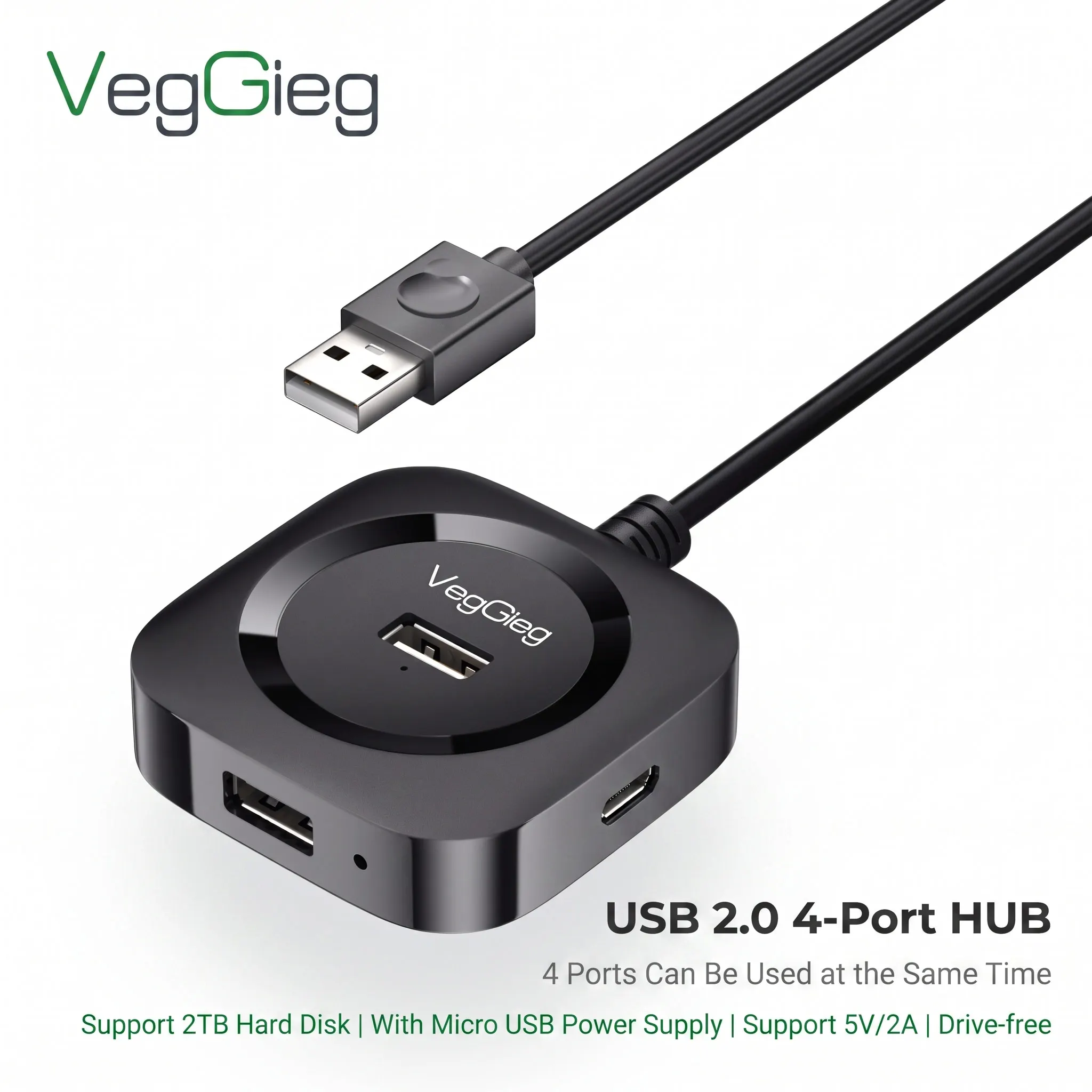 VegGieg 4-Port USB 2.0 Hub Splitter High-Speed Data Transfer Cable for Laptop Desktop - Available in 0.2/1/1.5M Lengths