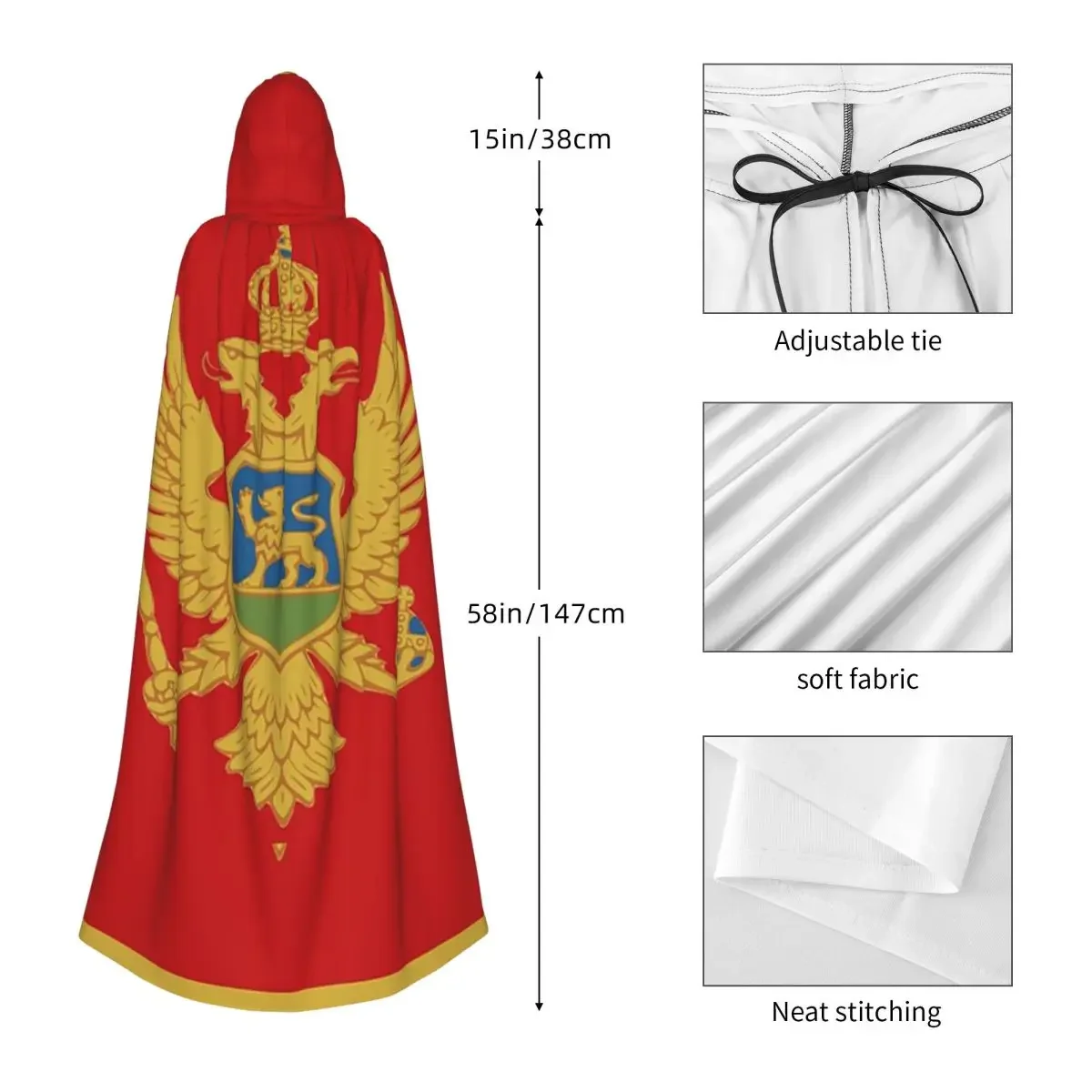 Montenegro Flag Long Hooded Cloak Witch Medieval Costume Cosplay Cape HalloweenVampire Adult Unisex