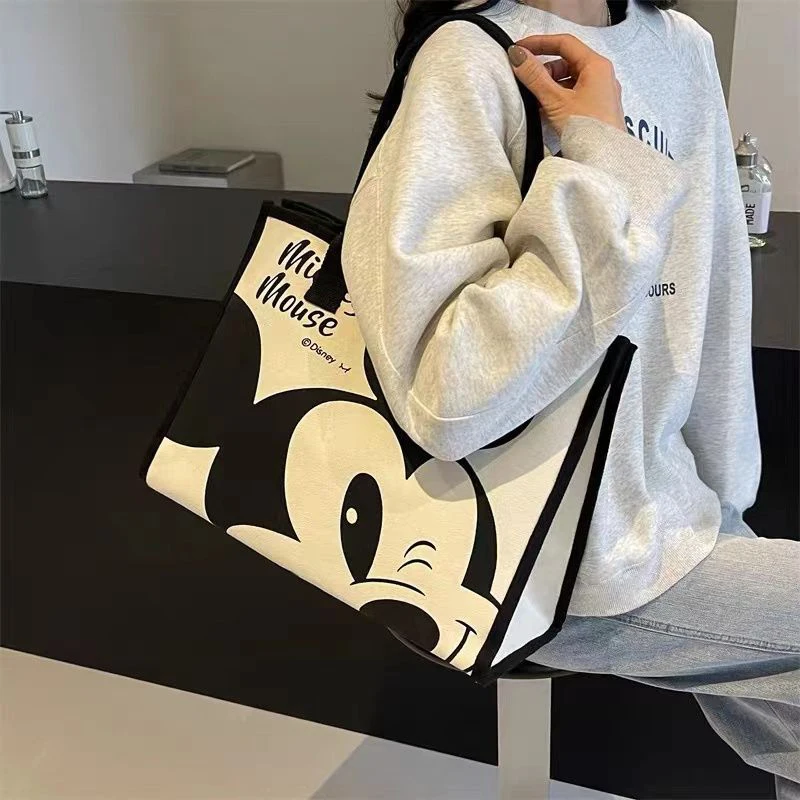 MINISO Disney Mickey Cartoon Printed Handbag Large Capacity Canvas Bag Fashion Versatile Tote Underarm Bag Student Tutoring Bag