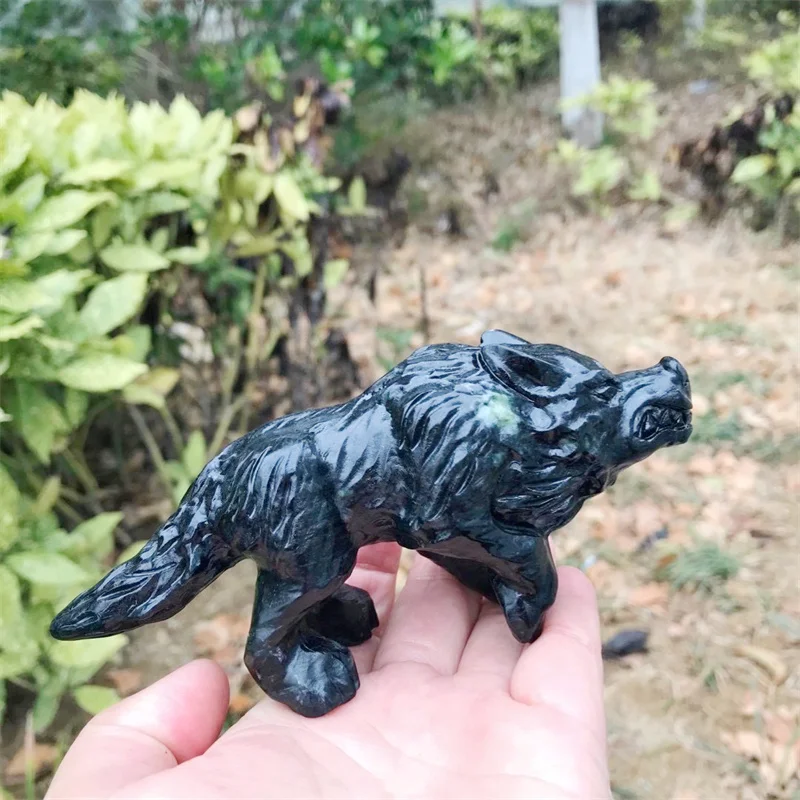 Natural Black Obsidian Wolf Carving Healing Gemstone Animal Crafts For Christmas Lucky Gift Art Collection 1pcs