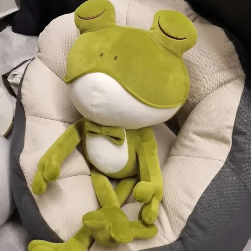 

38-75cm Cute Sleeping Frog Plush Toy Throw Pillow Playful Green Bow Squinting Eye Bed Soothing Rag Doll Children Birthday Gift