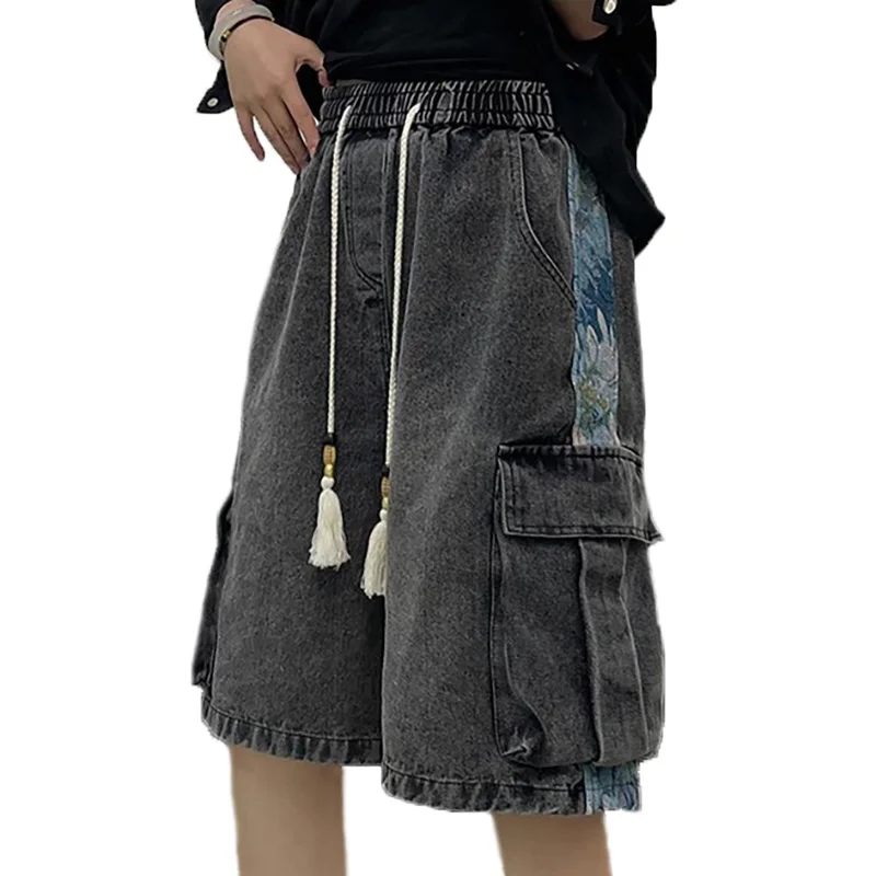 Pantalones de Trabajo de Verano con Cintura Semi Elástica para Hombre, Shorts de Mezclilla, Estilo Coreano Retro, Holgados, Casuales, Pantalones Cinco Cuartos, Jeans Azules