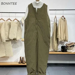 Thick Winter Jumpsuits Women Loose Vintage Quilted M-4XL BF Streetwear Simple Keep Warm Chic Designed Korean Popular Sleeveless