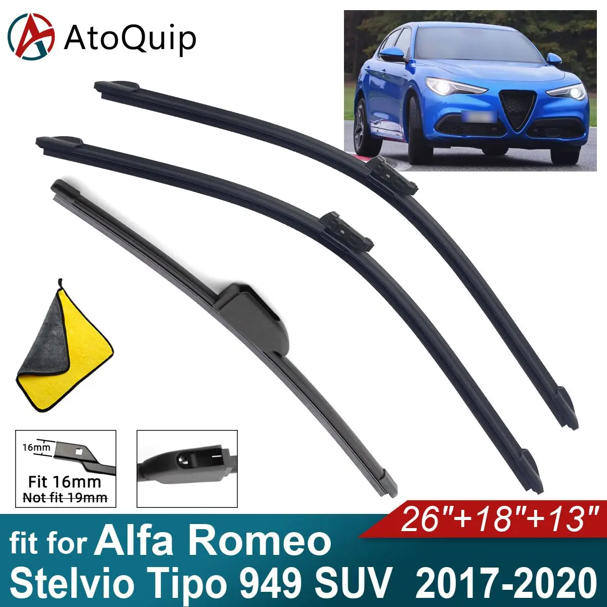 Car Windshield Wiper Blades Fit For Alfa Romeo Stelvio Tipo 949 SUV Rear Wiper Blades Soft Rubber Auto Front Windscreen