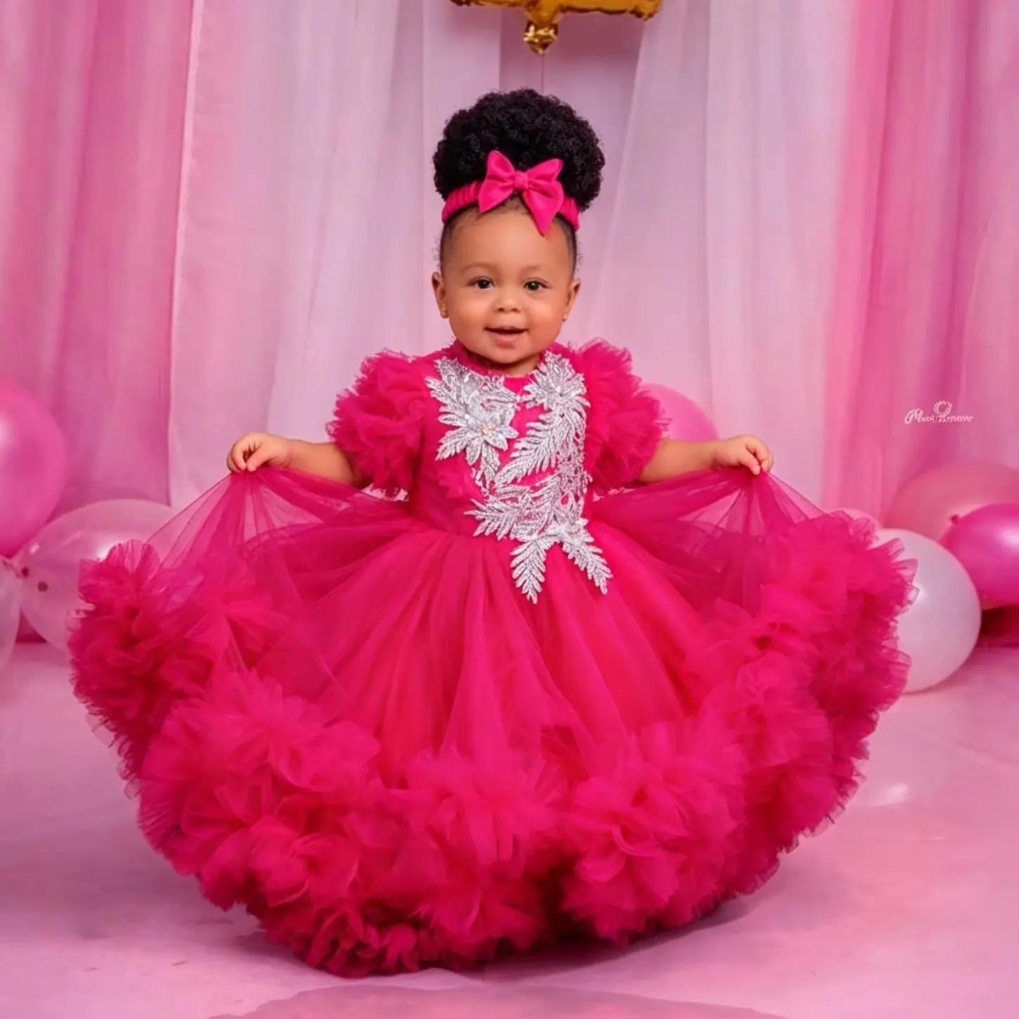 Customized Flower Girl Dresses Fuchsia Puffy Tulle Dress Sparkly Beaded 1st Birthday Photo Shoot Party Gown
