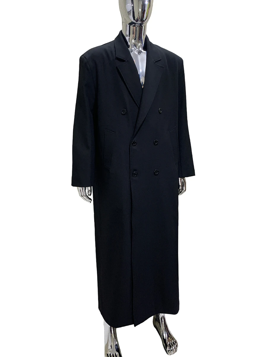 

Весенне-осенний удлиненный черный струящийся мягкий плащ большого размера для мужчин, двубортный свободный повседневный корейский модный плащ 2025