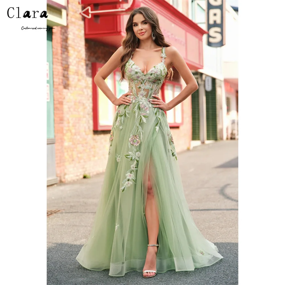Clara personalizado flor a linha fenda lateral sem costas vestidos de luxo para vestido de baile luxo 2025 vestidos de noite mulher elegante festa chique