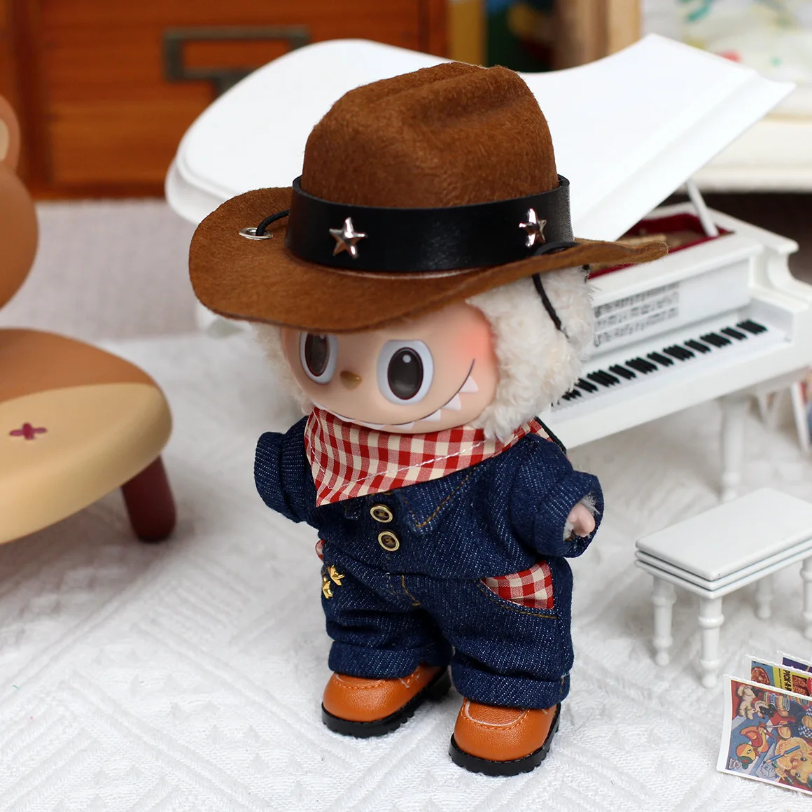17cm doll clothes labubu clothing outfit Plush Cowboy suit denim clothes Western cowboy hat Accessories diy Gift
