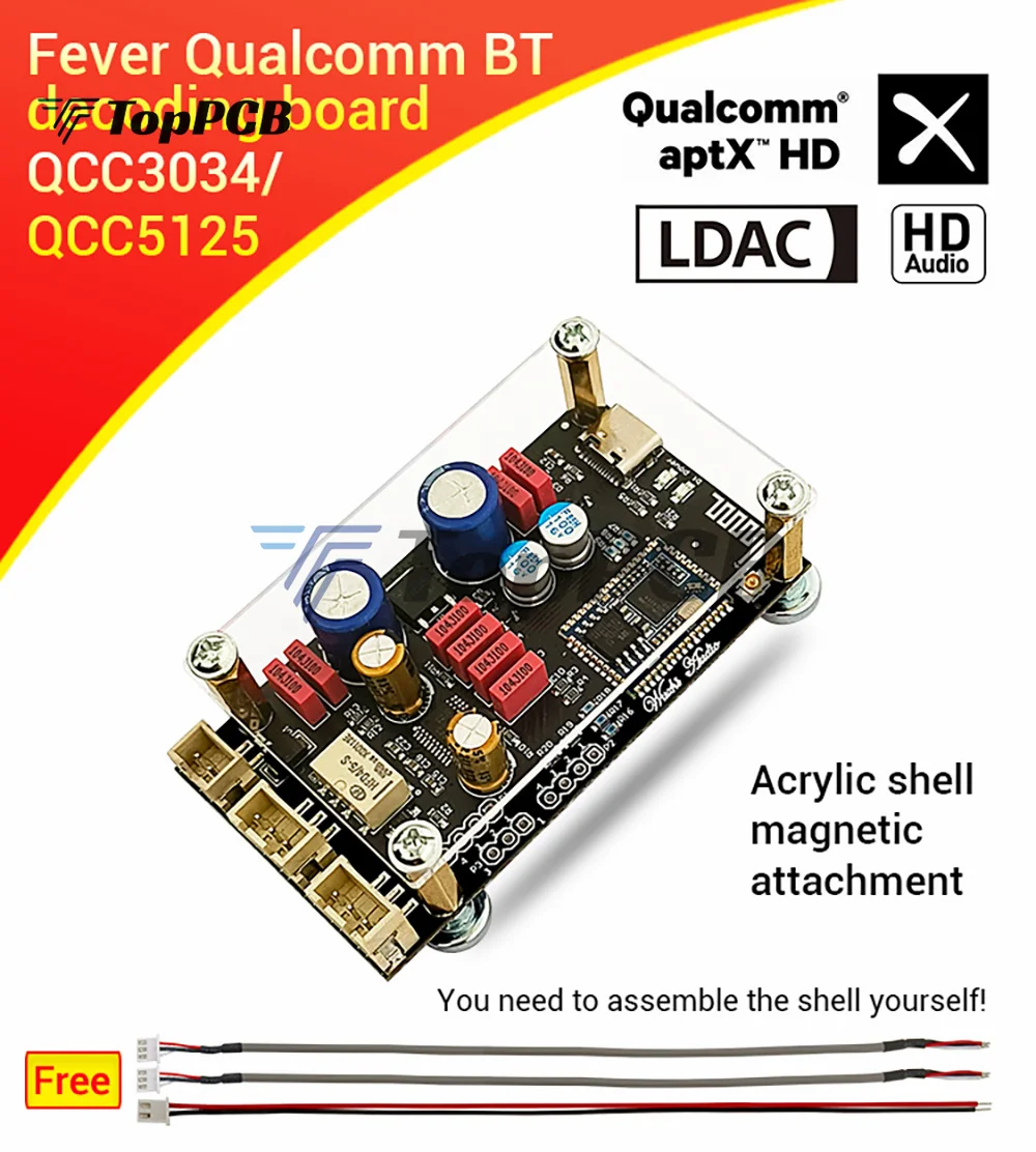 QCC5125 QCC3034 Bluetooth 5.1 Lossless Decoding Board DC 8-32V Type-C AUX APTX LDAC Onboard Antenna Decoder with Acrylic Case