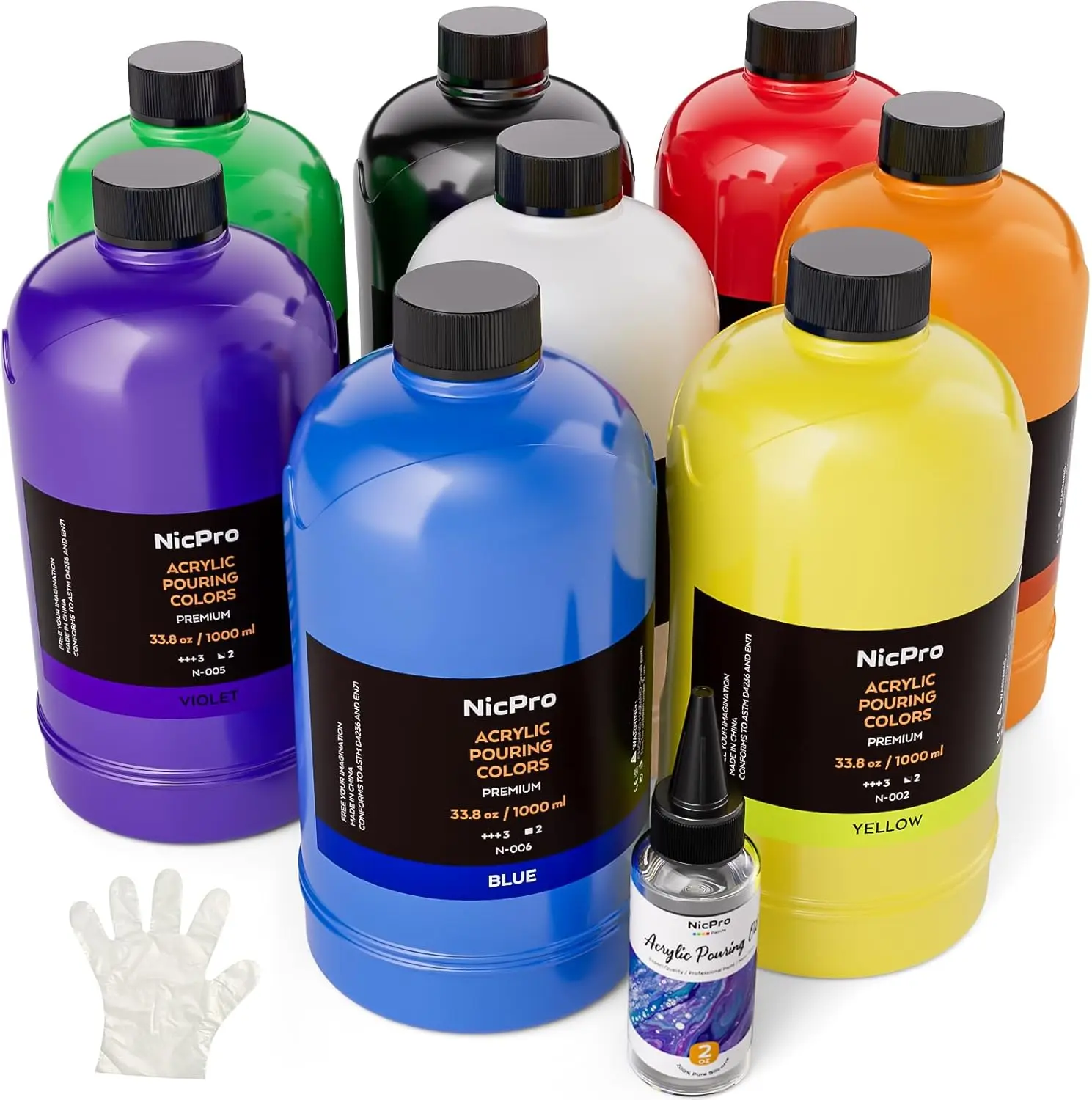 pro 8 Colors Large Bulk Acrylic Pour Paint Set (33.8 Oz, 1000 Ml) Premixed High Flow Art Pouring Paint Supplies Kit With