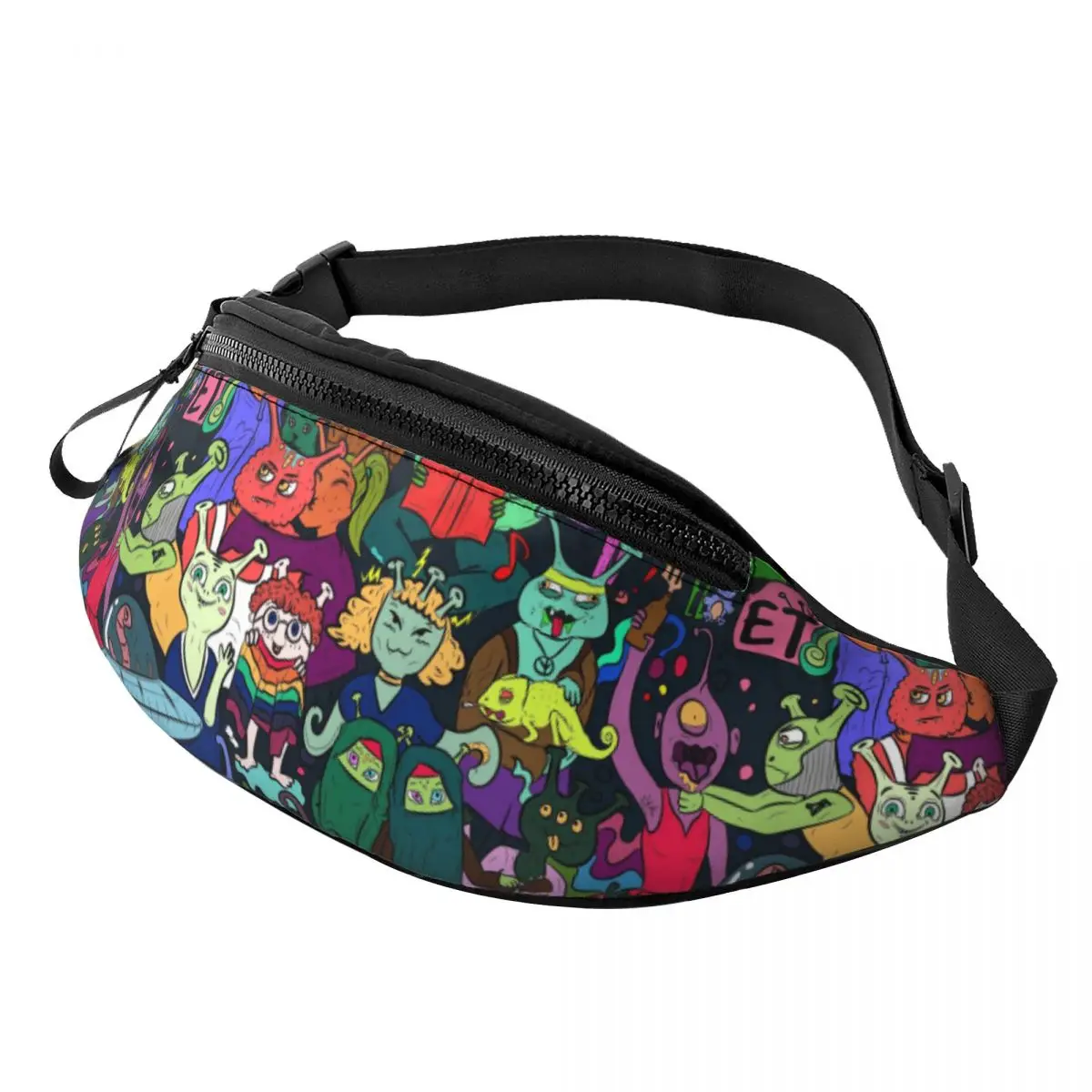 

Custom Bizarre Alien Colorful Street Art Fanny Pack Men Women Graffiti Style Crossbody Waist Bag for Hiking Phone Money Pouch