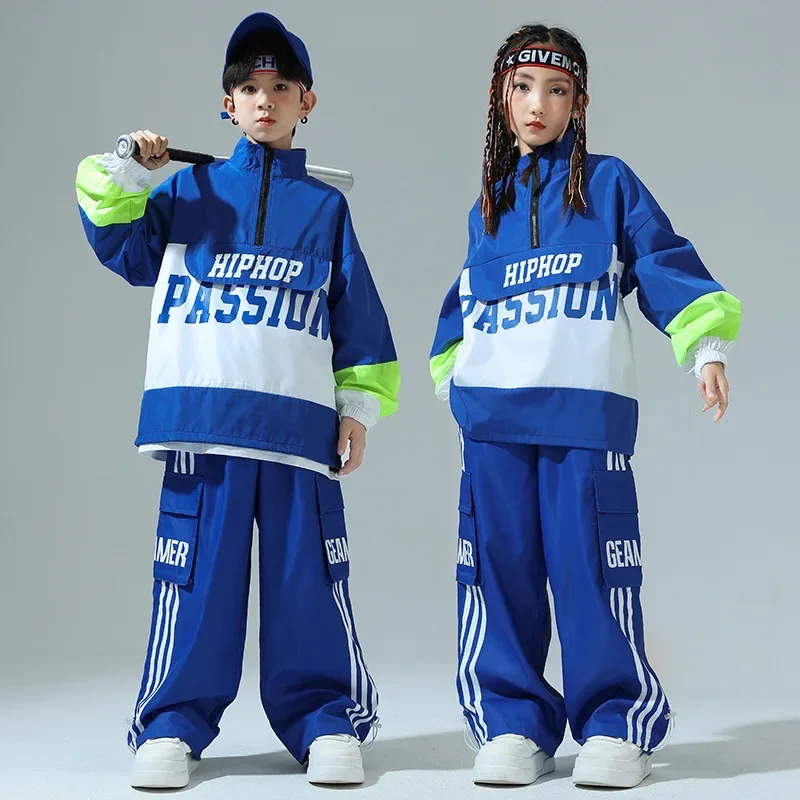 

Boys Hip Hop Blue Pullover Street Dance Baggy Pants Girls High Collar Sweatshirt Outfits Group Streetwear Jazz Sport Clothes Set